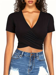 Women's Wrap Crop Tops V Neck Athletic Gym Shirts