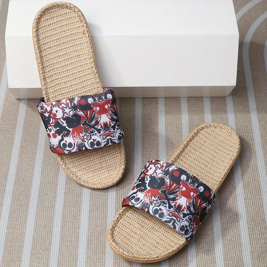 Women's Cartoon Skull Slippers Open Toe Linen Sandals Lightweight Beach Shoes