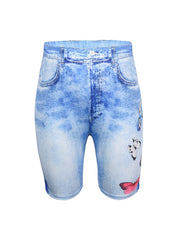 Butterfly & Denim Print Stretchy Shorts Women's Plus