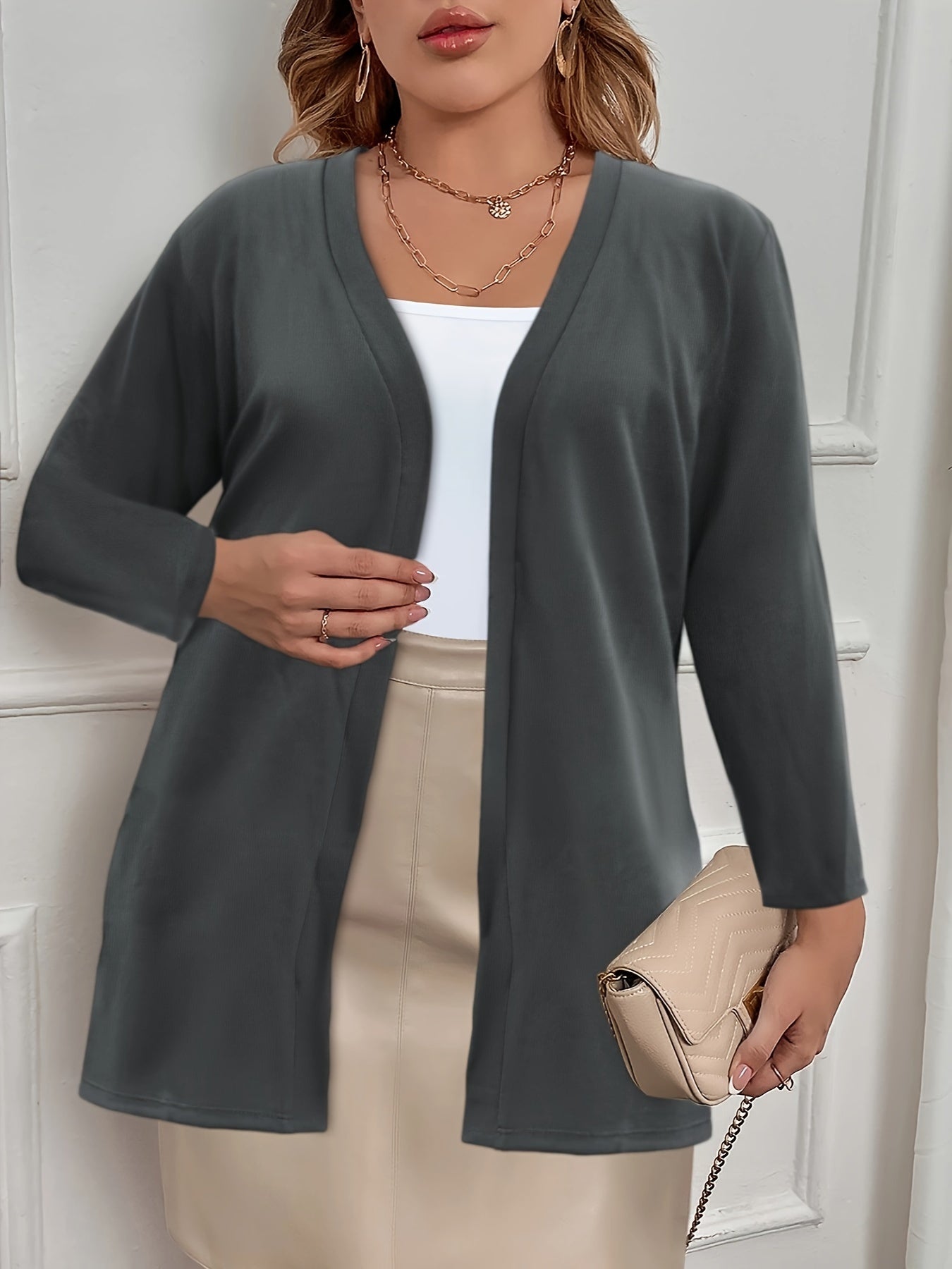 Casual Cardigan Women's Plus Solid Long Sleeve Open Front