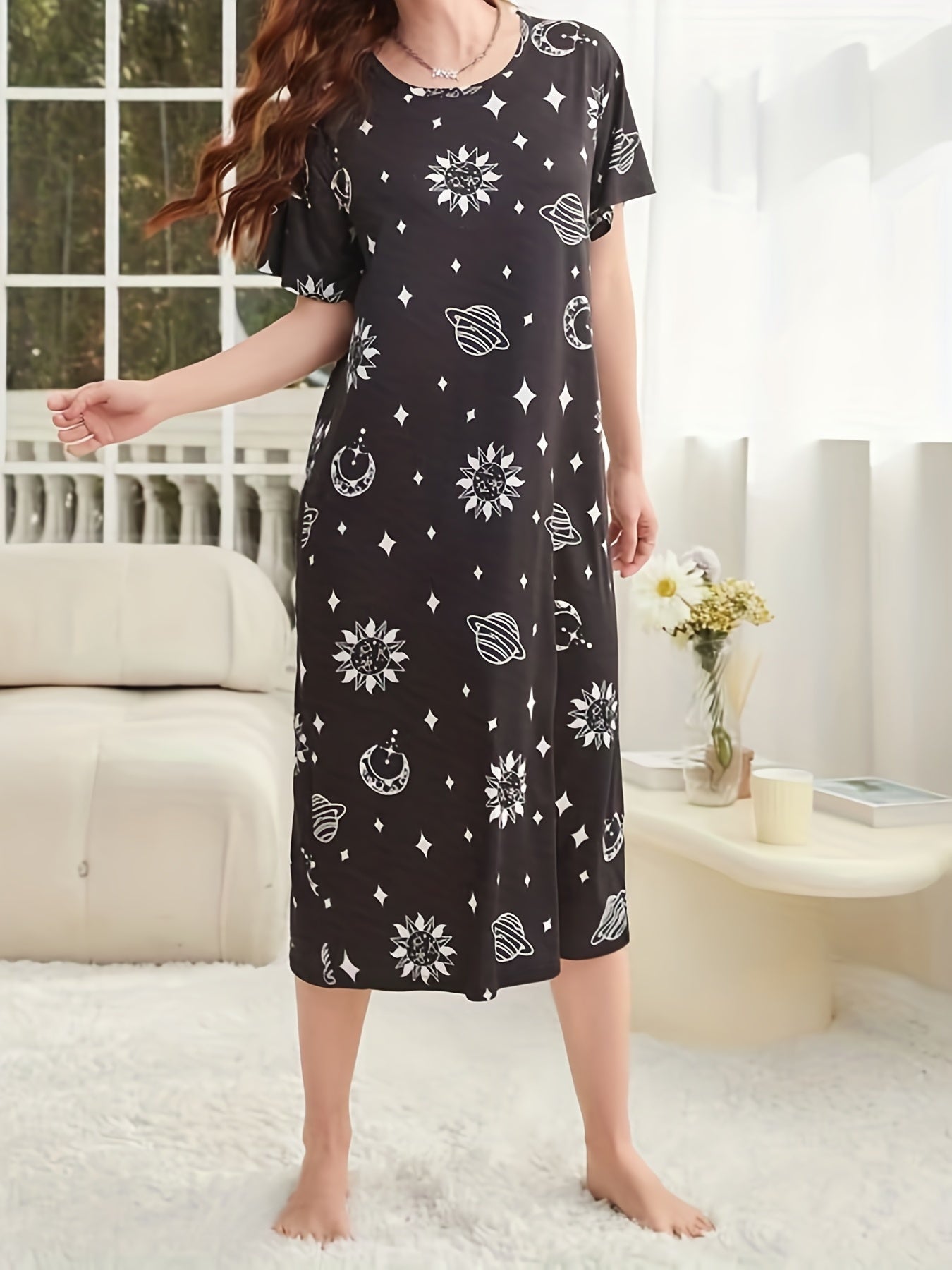 Starry Print NightDress Short Sleeve Crew Neck Pajama Dress