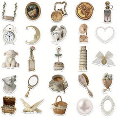 50pcs Vintage Romantic Cartoon Stickers with Floral Clocks Pearls & Statu