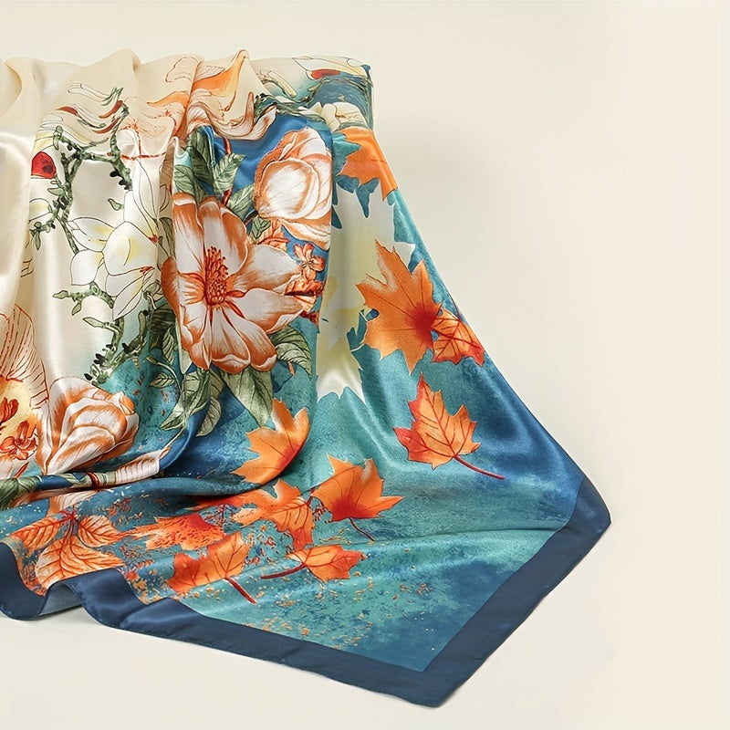 Maple Leaf Flower Print Bandana Satin Square Scarf Silk Shawl Women
