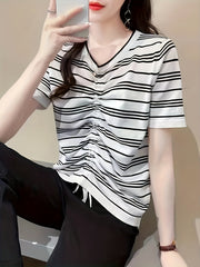 Striped Print Drawstring Knit Sweater Casual Short Sleeve Sweater