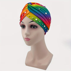 Faux Pearl Decor Turban Colorful Head Wraps Beanie Ramadan Hijab Hat