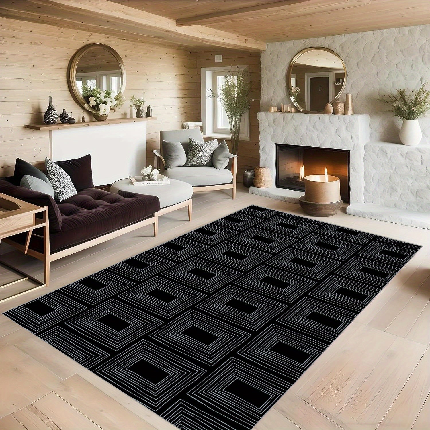 Non Slip Checkered Striped Carpet - Machine Washable Large Carpet for Daily Use