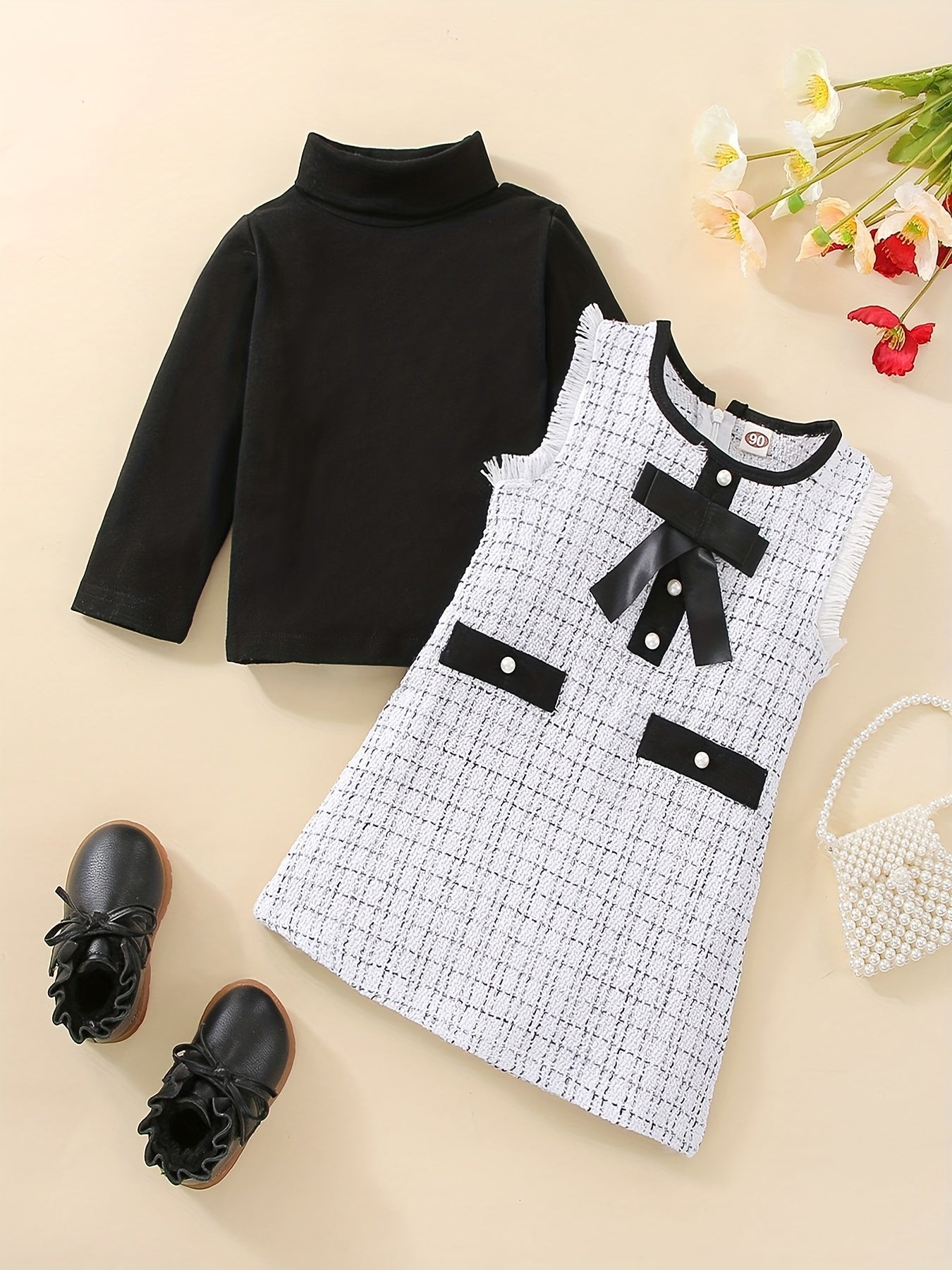 Girls Houndstooth Bow Dress Shirt Set