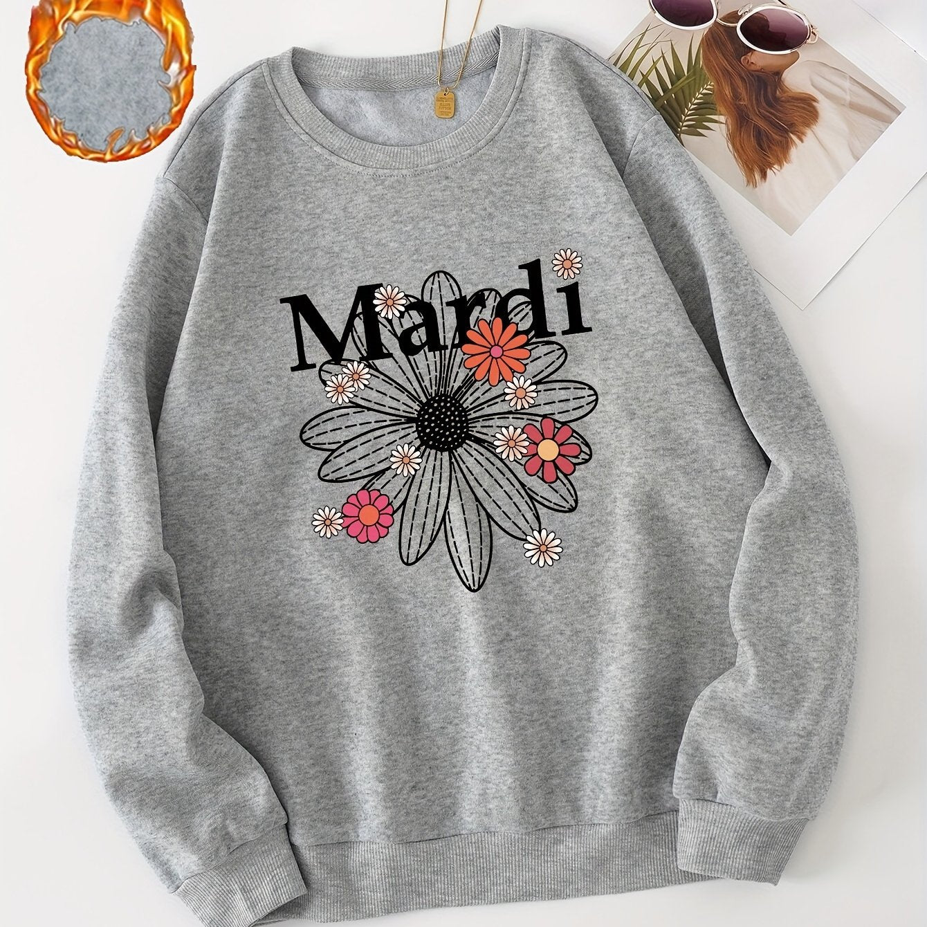 Letter Print Sweatshirt Daisy Flower Long Sleeve Crew Neck Casual Sweatshirt