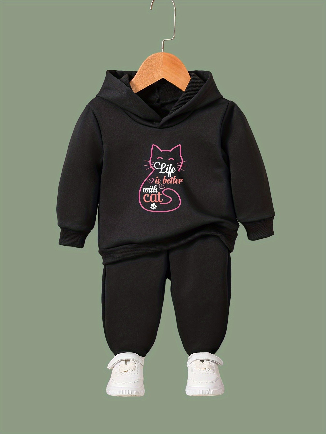 Cat Pattern Hooded Sweatshirt & Sweatpants Set for Girls