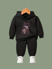 Cat Pattern Hooded Sweatshirt & Sweatpants Set for Girls