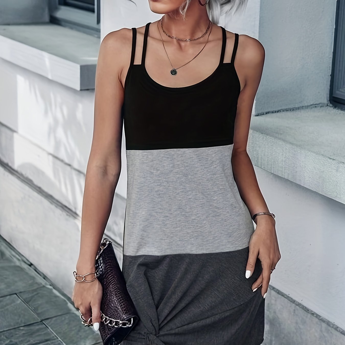 Block Twist Dress Spaghetti Strap Sleeveless