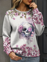 Skull & Floral Print Sweatshirt Crew Neck Women's Clothing