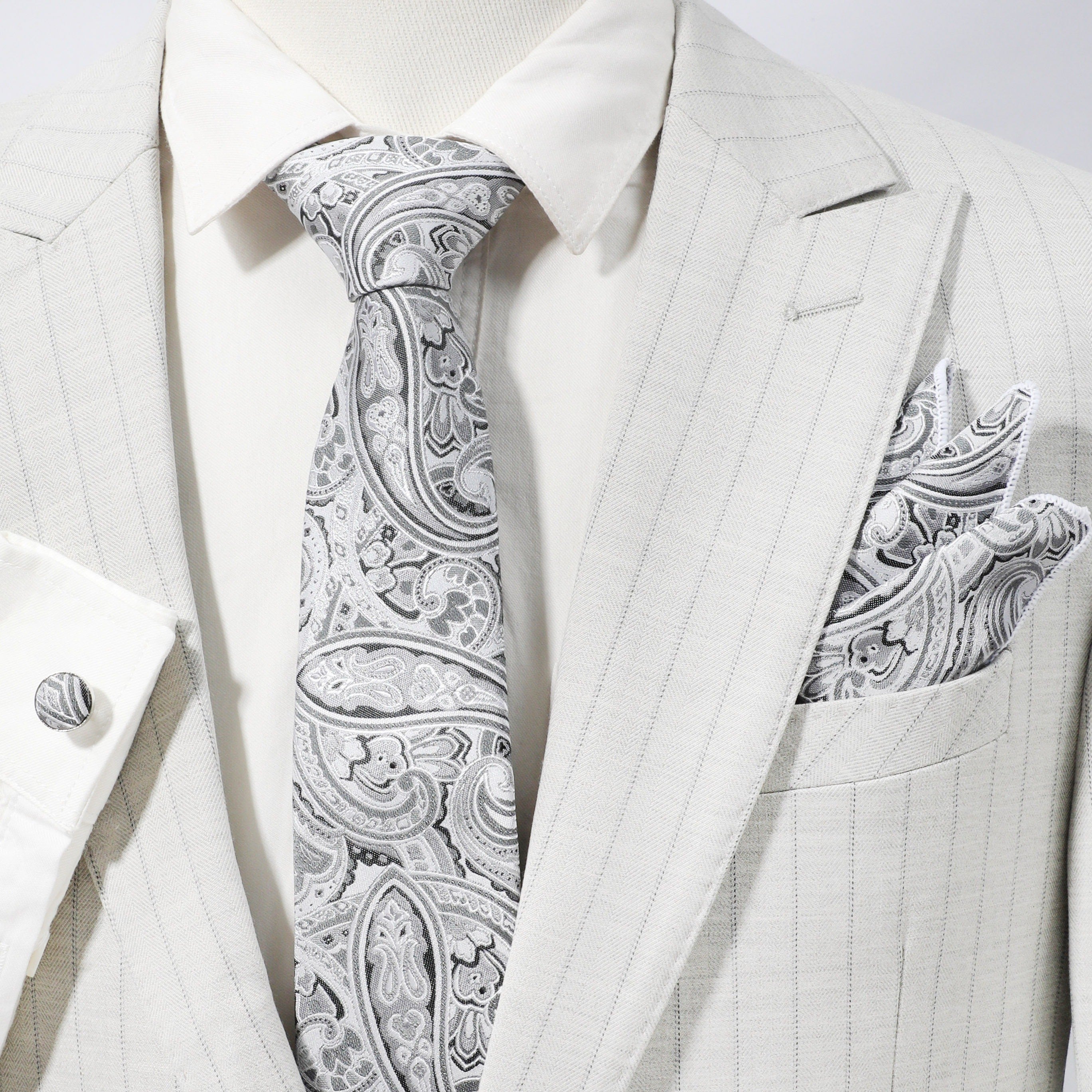 4pcs Silvery Paisley Jacquard Tie Set with Lapel Pin Brooch