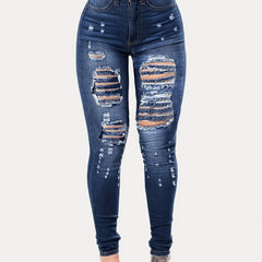 High Waist Ripped Holes Skinny Jeans Distressed Slim Fit Denim Pants
