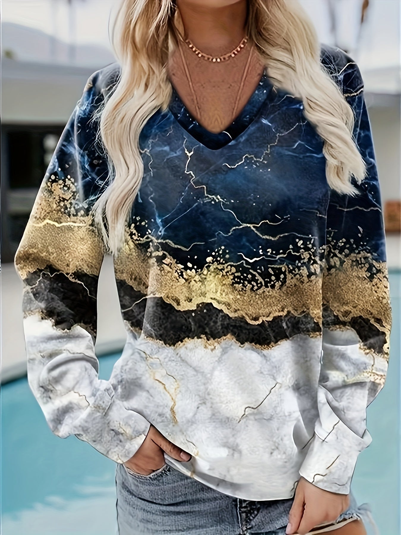 Marble Print V Neck Sweatshirt Long Sleeve Women's Clothing