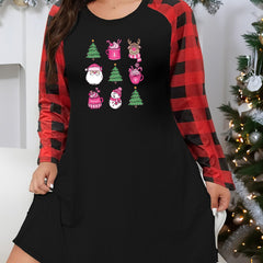 Christmas Lounge Dress Women's Plus Christmas Tree & Elk Graphic Plaid
