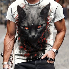 Men's Cat Print T-shirt Comfy Stretch Crew Neck Tee