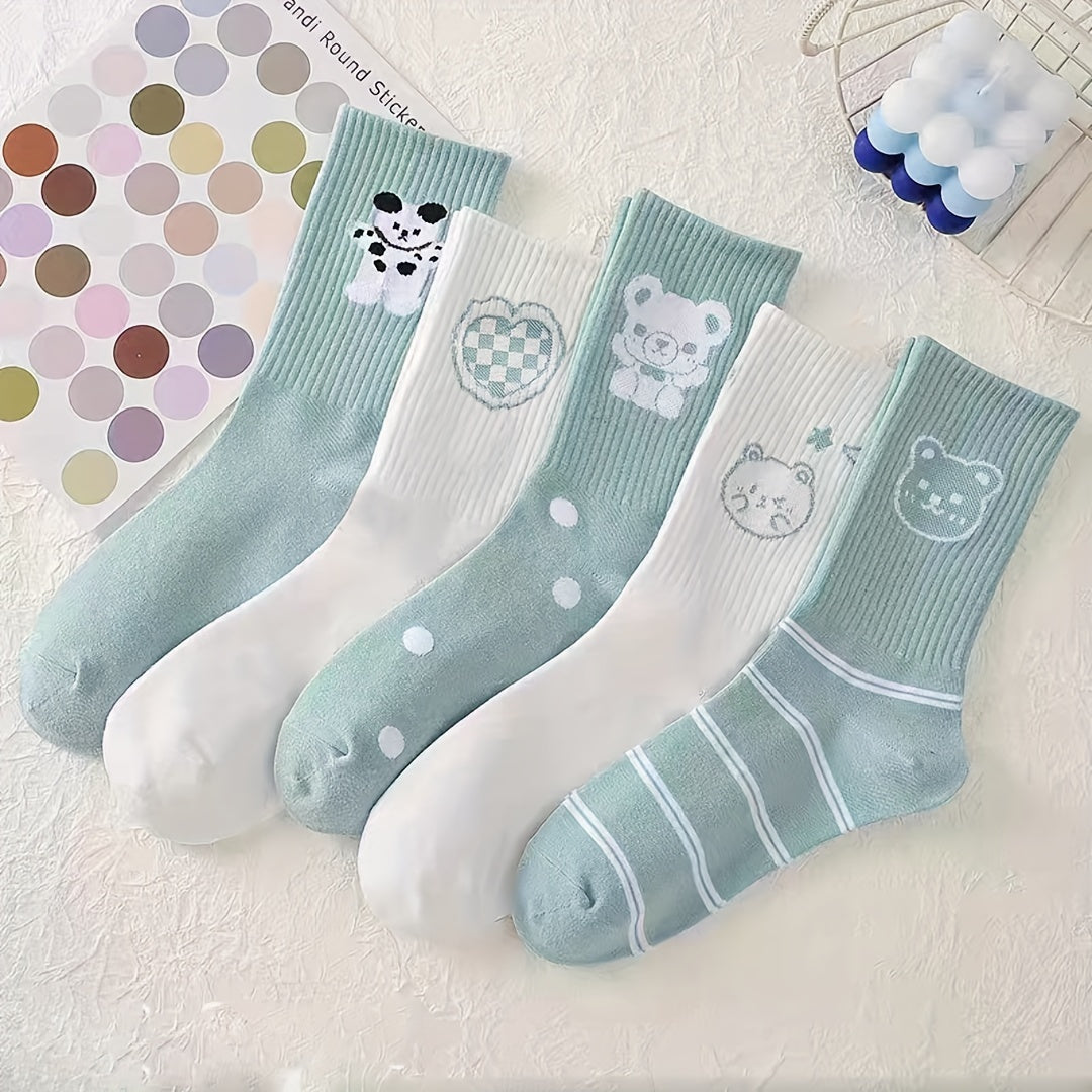 5 Pairs Cute Bear Print Socks for Women