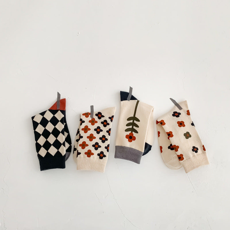 5 Pairs Crew Socks Women Checkerboard Floral Print