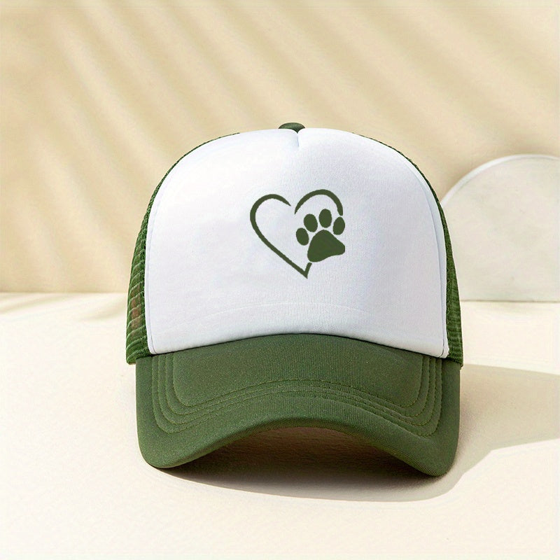 Heart Dog Paw Trucker Hat Printed Mesh Breathable Baseball Cap Unisex