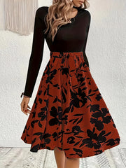 Colorblock Floral Print Long Sleeve Maxi Dress With Belt