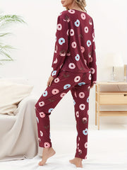 Donut Print Pajama Set Long Sleeve Crew Neck Top & Elastic Waistband Pants
