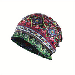 Vintage Flower Print Beanie Boho Elastic Headband Skull Cap