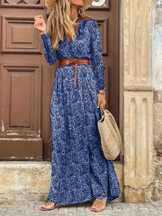 Paisley Print V Neck Dress Boho Long Sleeve High Waist Maxi Dress