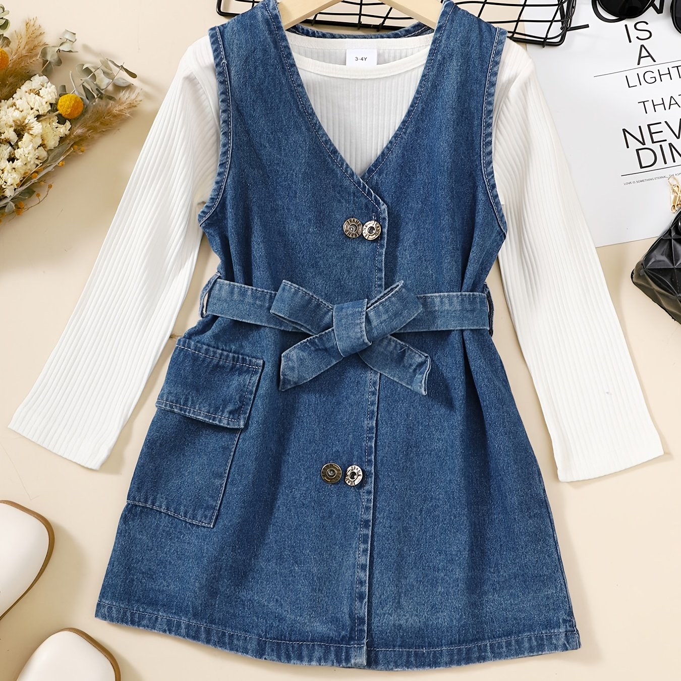 Girls Cotton Long Sleeve Top & Denim Dress With Belt