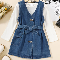 Girls Cotton Long Sleeve Top & Denim Dress With Belt