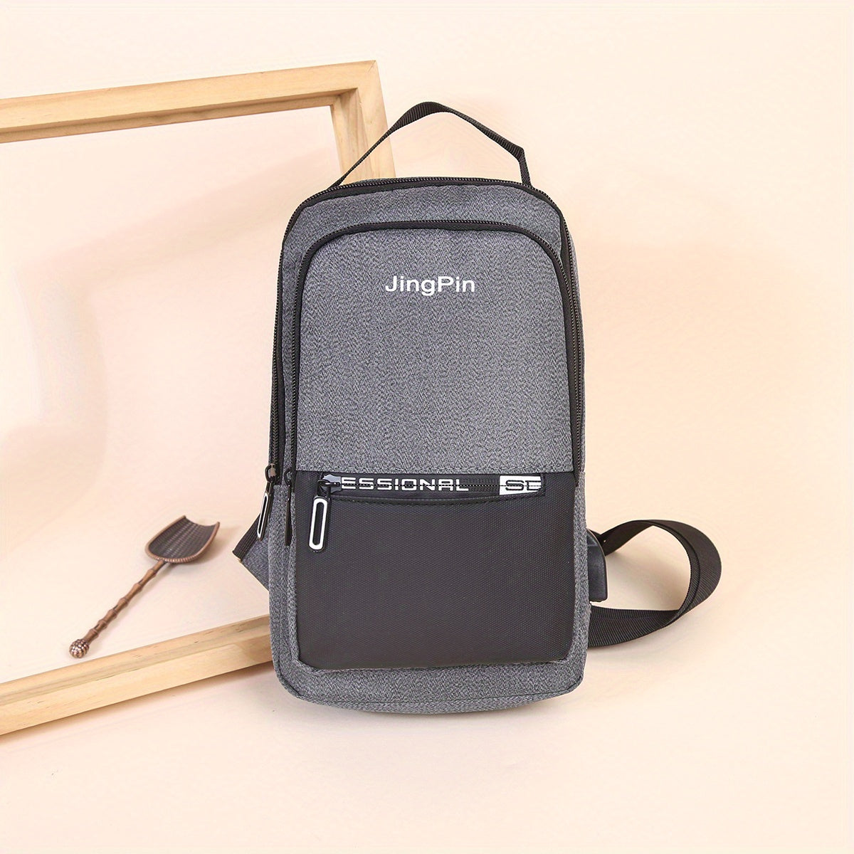 Men's Casual Crossbody Bag With USB Charging Port Diagonal Shoulder Bag Double L