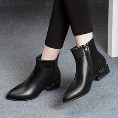 Women's Chunky Heel Short Boots Pointed Toe Side Zip Solid Booties
