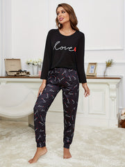 Letter Print Pajama Set Long Sleeve Crew Neck Top & Elastic Waistband Pants