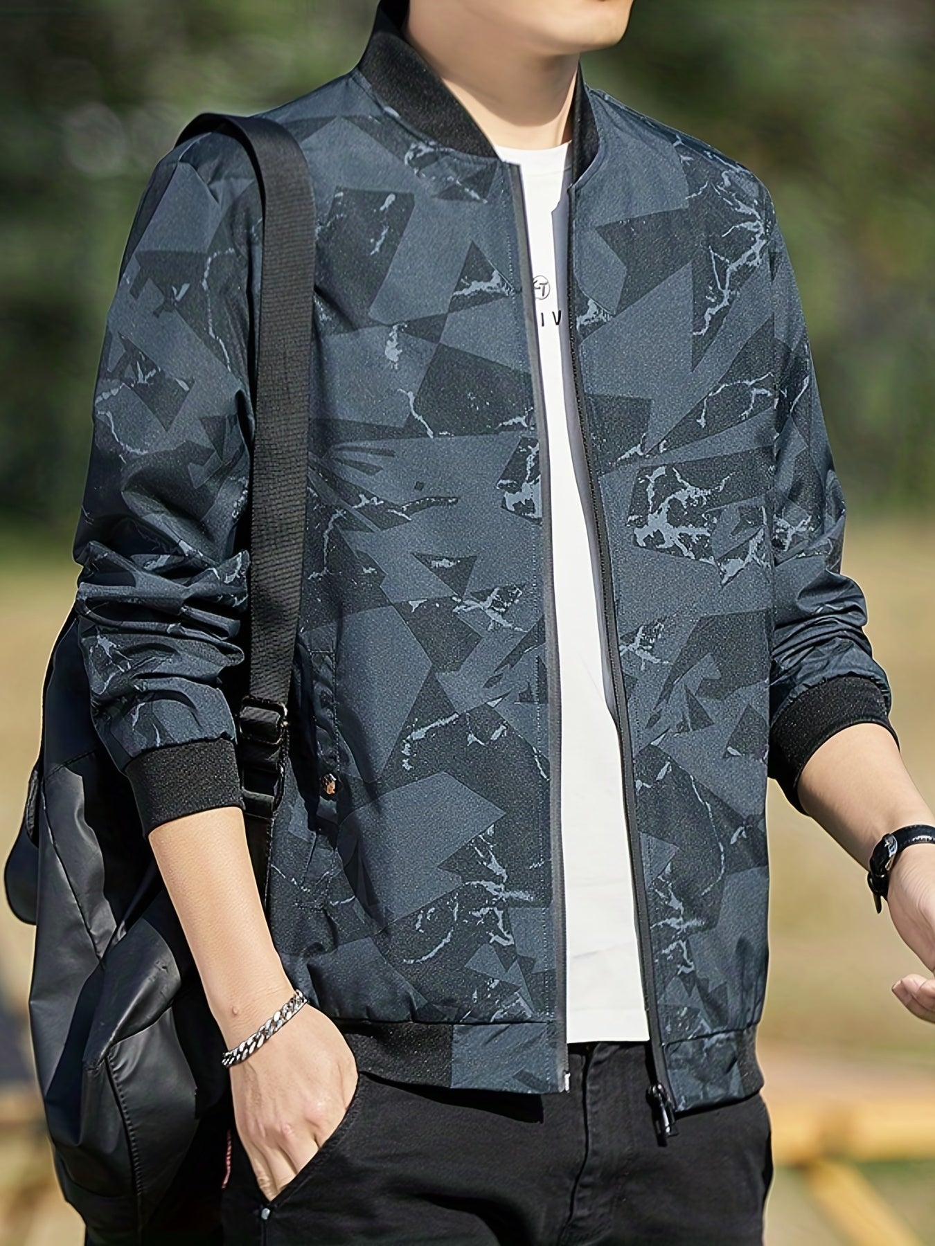 Geometric Print Varsity Jacket Men's Casual Baseball Coat