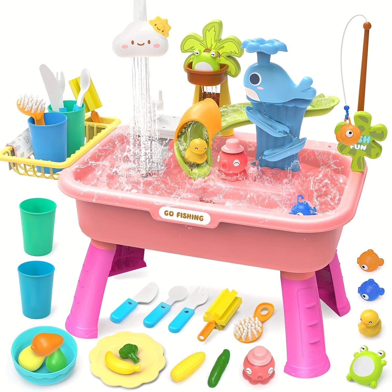 3in1 Sink Toy w/ Running Water Kitchen Food Fishing Toy Water Play Station