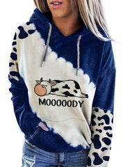 Cow & Letter Print Hoodies Casual Drawstring Kangaroo Pocket