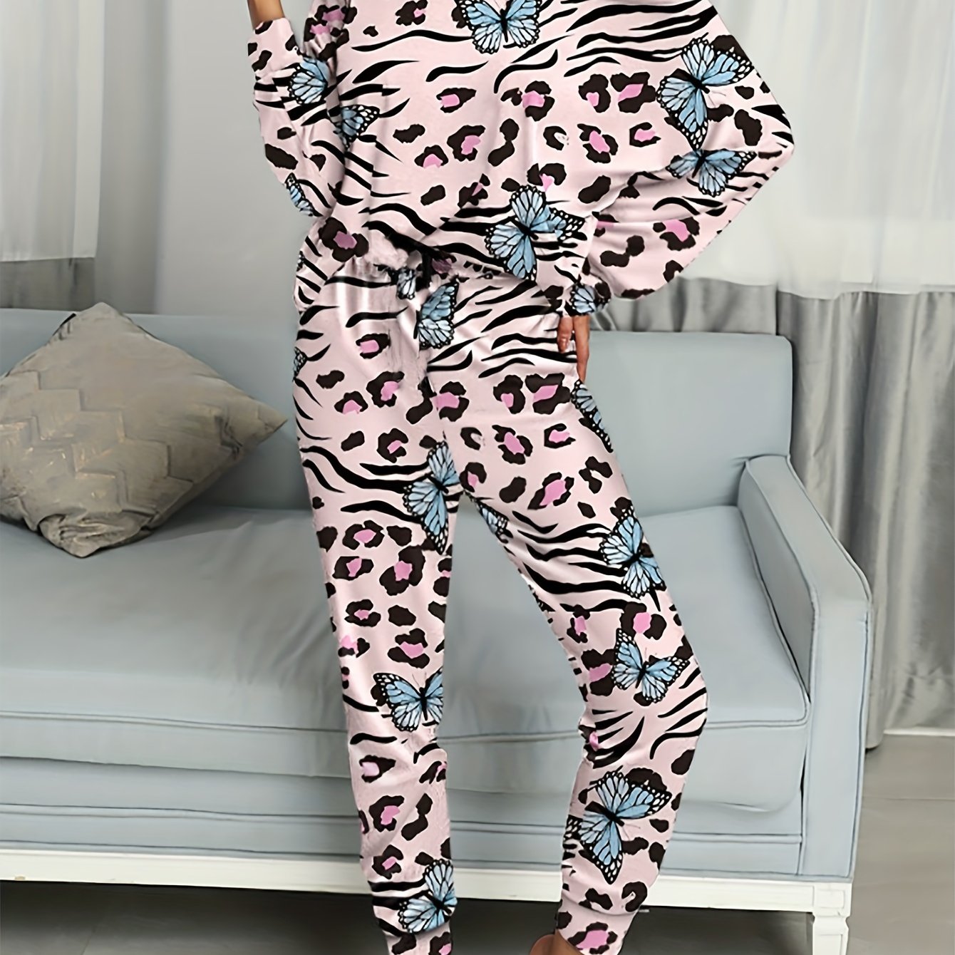 Leopard & Butterfly Print One Shoulder Top & Jogger Pants Set