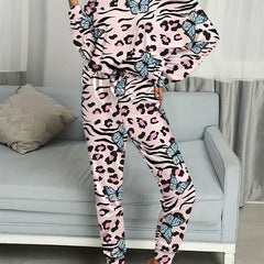 Leopard & Butterfly Print One Shoulder Top & Jogger Pants Set