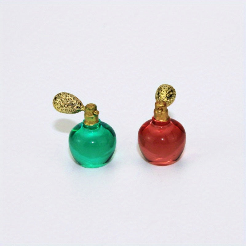 Miniature Red & Green Perfume Bottles with Golden Caps for Dollhouse Decor