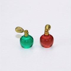 Miniature Red & Green Perfume Bottles with Golden Caps for Dollhouse Decor