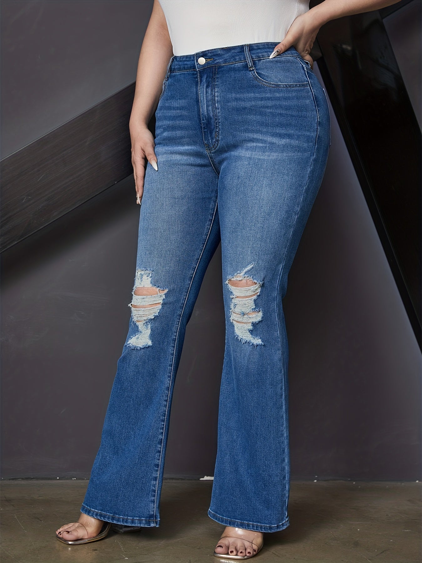 Ripped Flare Leg Jeans Women's Plus Medium Stretch Jeans