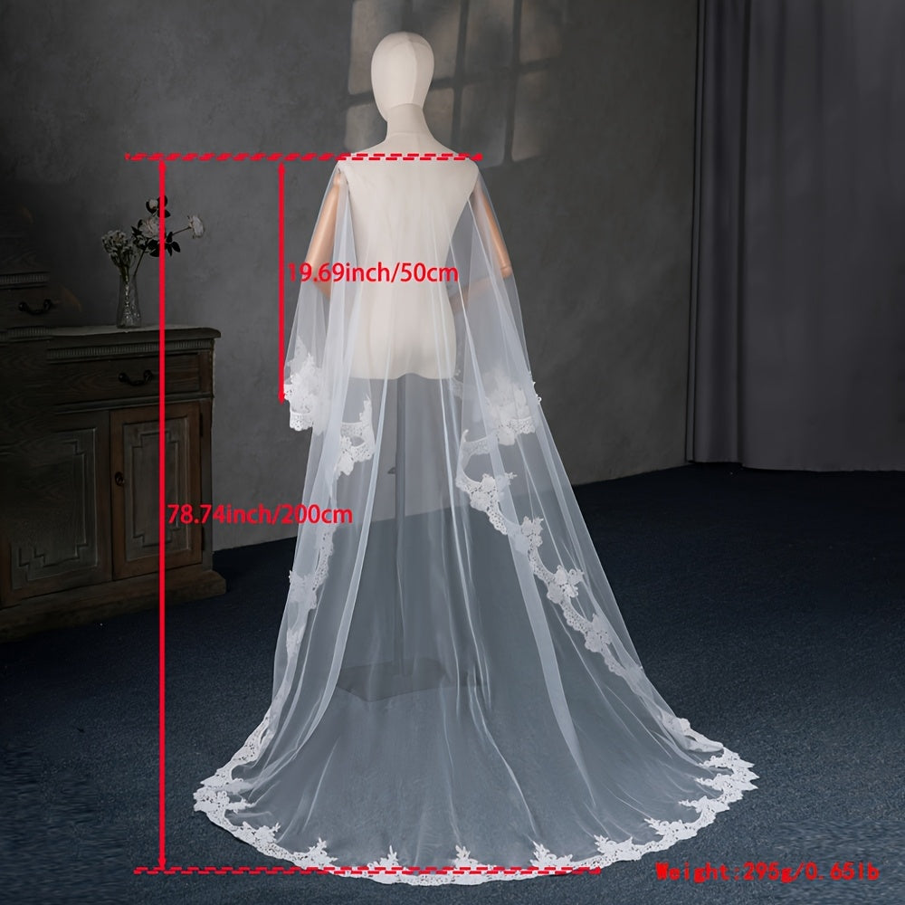 Bridal Veil with Floral Lace Trim and Flowing Train for Wedding