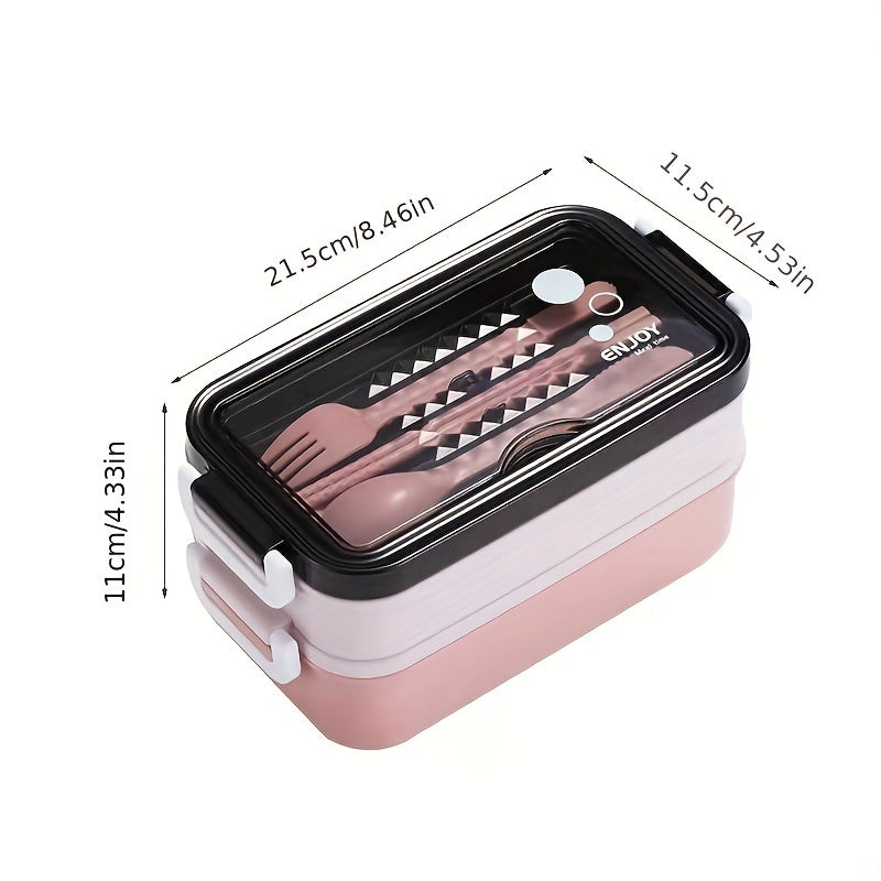 Plastic Double Layer Lunch Box with Cutlery - Microwave Safe Bento Box