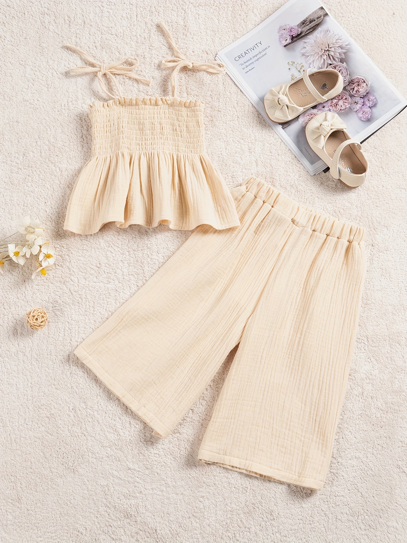 2pcs Baby Girls Shirred Camisole Top & Wide Leg Pants Set