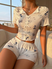 Butterfly Print Pajama Set Short Sleeve Top & Shorts