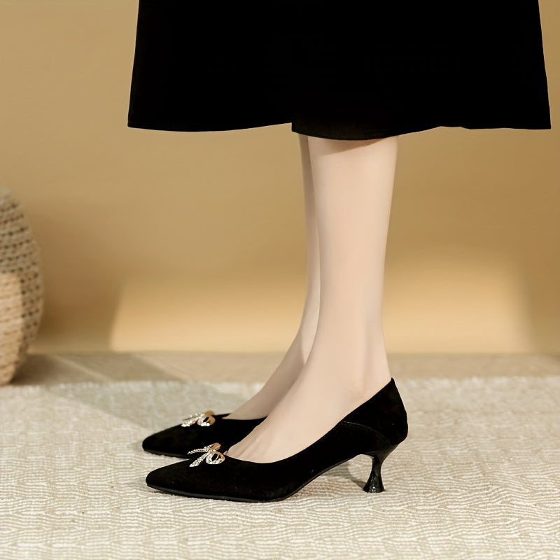 Women's Rhinestone Bow Kitten Heel Slip-On Shoes