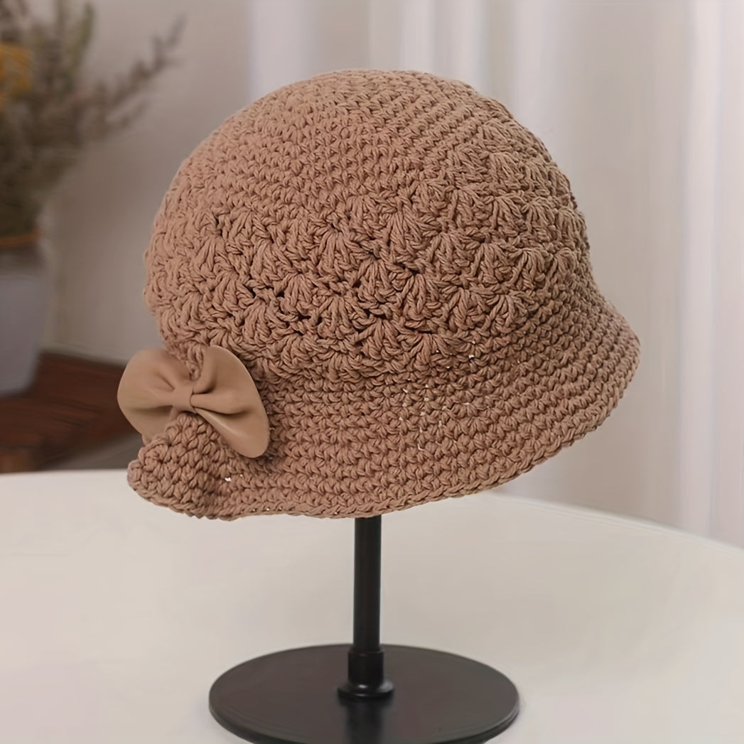Hand Knitted Bucket Hat Vintage Bow Crochet Fisherman Hat