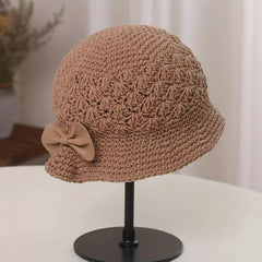 Hand Knitted Bucket Hat Vintage Bow Crochet Fisherman Hat