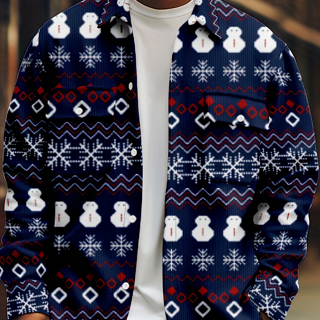 Men's Snowman Print Button Up Long Sleeve Shirt