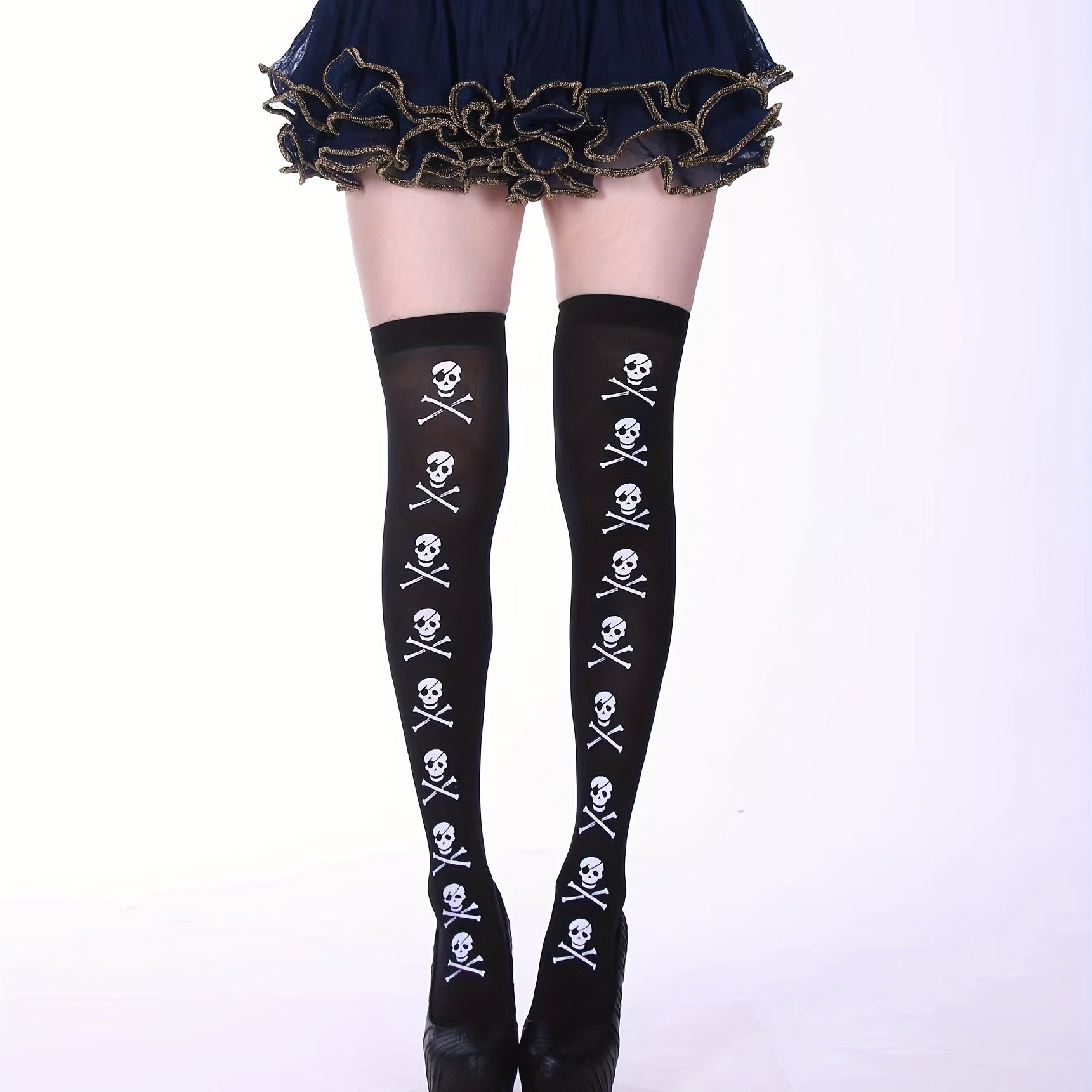 Skull & Bat Print Over The Knee Socks for Halloween